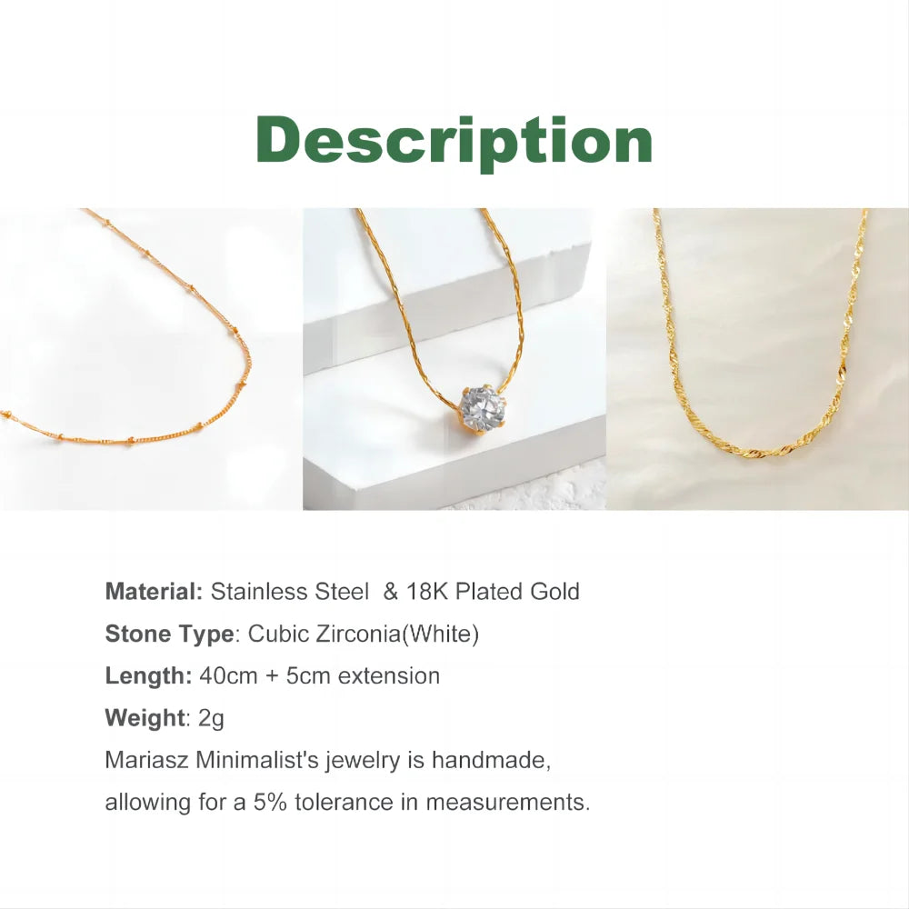 Gold Plated Stainless Steel Dainty Minimalist Zircon Charm Anti Tarnish Chain Round Clear Cz Stone Necklace for Women Jewelry